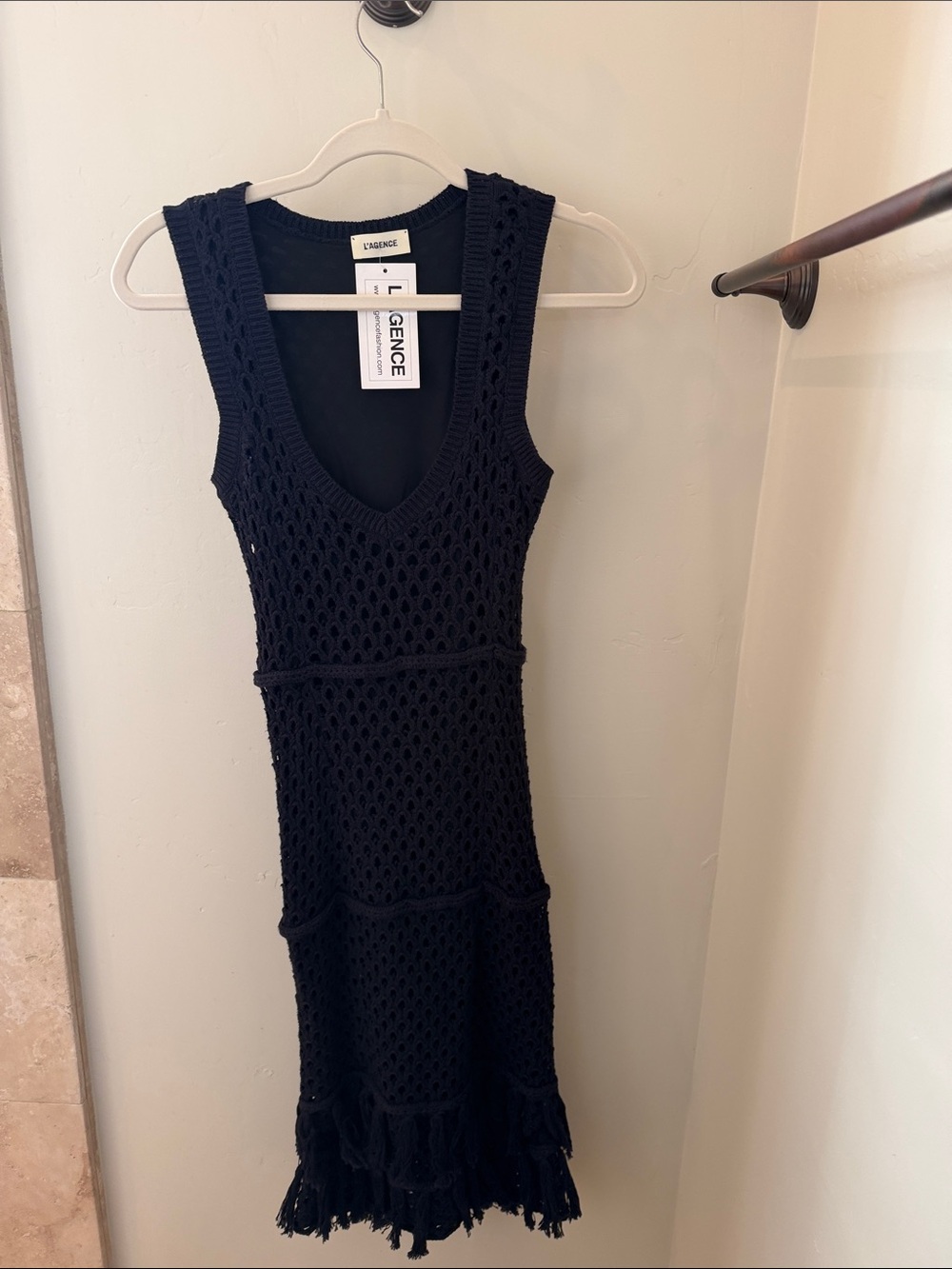 L'AGENCE Navy Open-Knit Sleeveless V-Neck Fringe Hem Dress